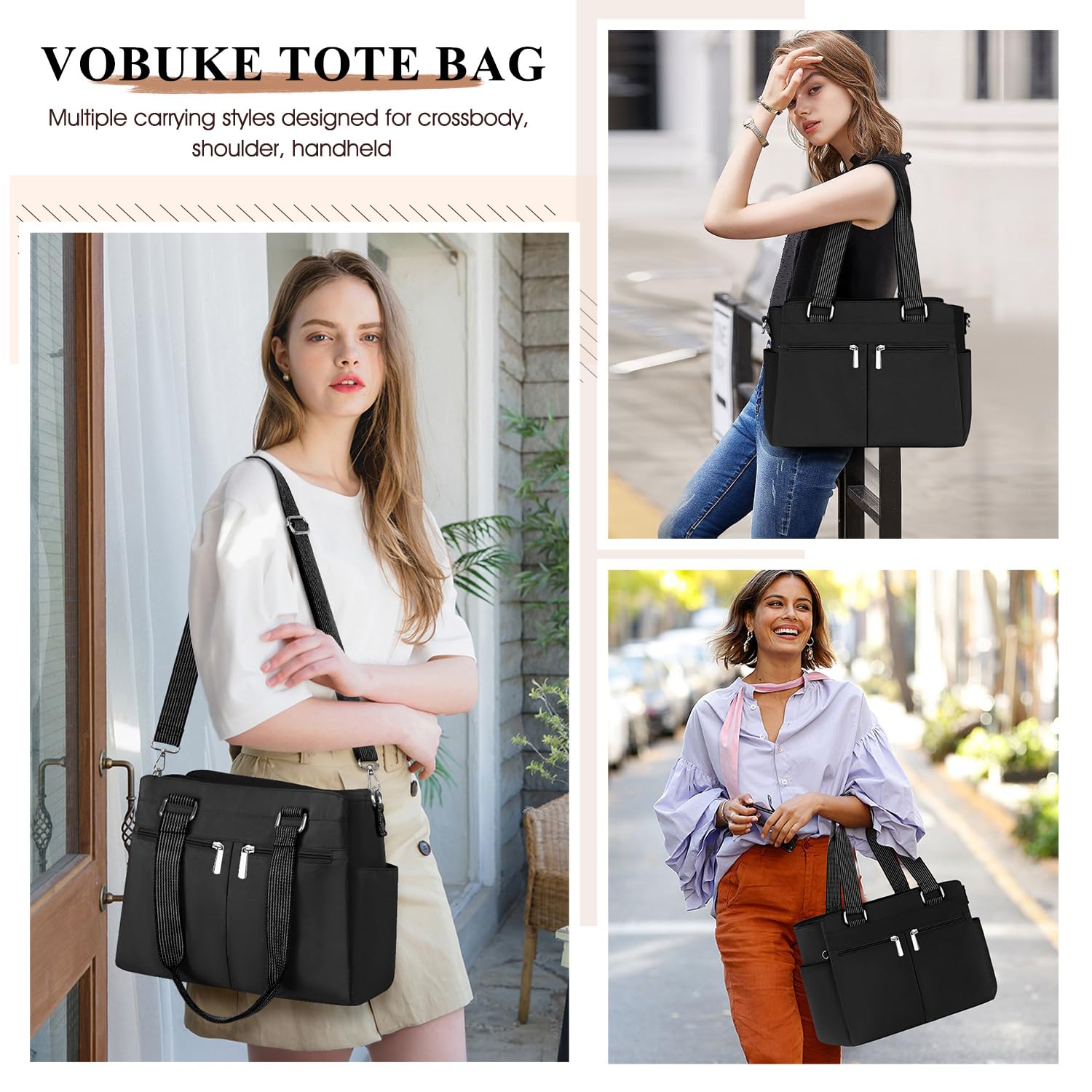 Umhängetasche Damen Groß Tasche Nylon Handtasche Gross mit Vielen Fächern Crossbody Bags Casual Leichte Tote Bag Mittelgroß mit Verstellbar Breitem Schultergurt für Uni, Schule, Shopper
