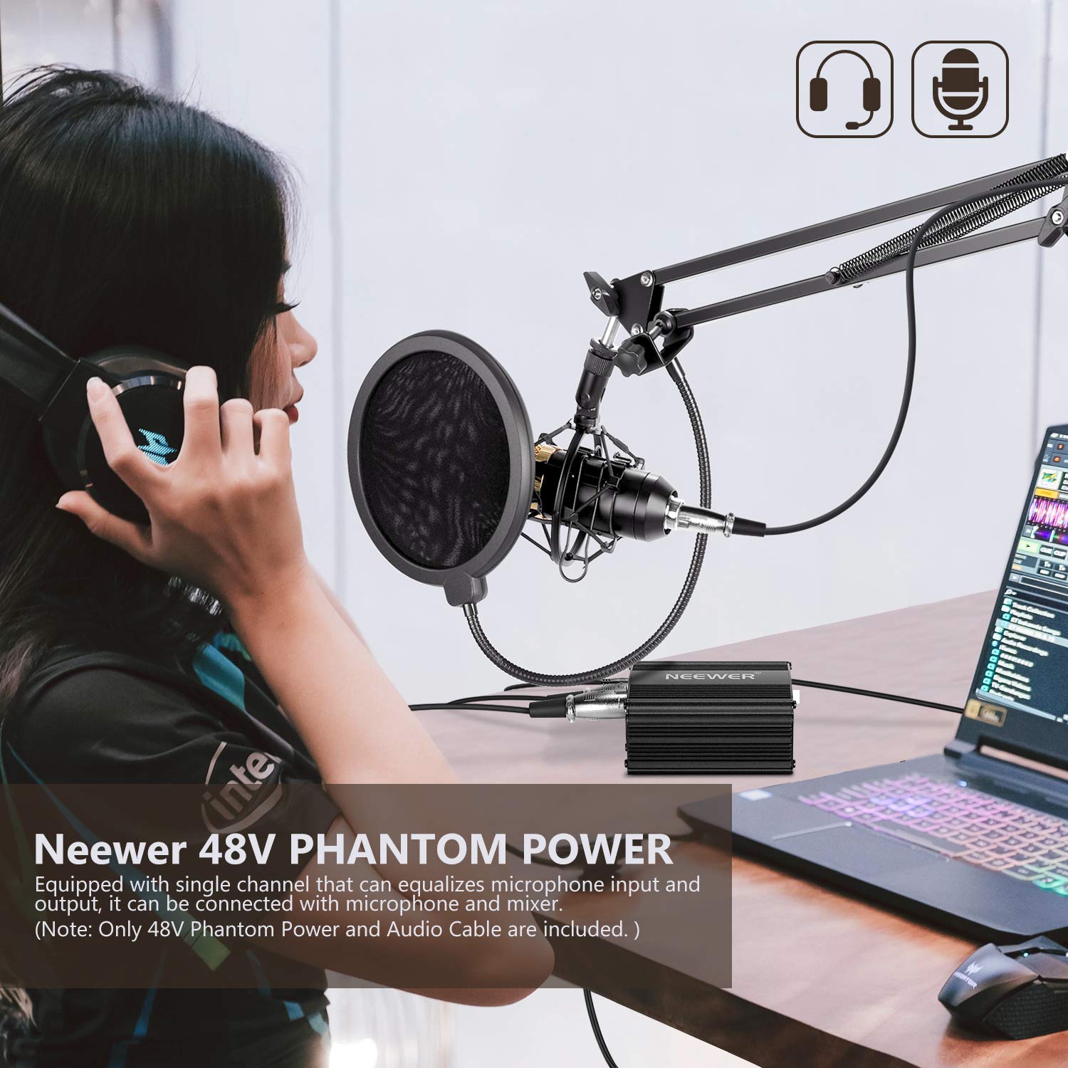 Neewer 1- Canal 48V Alimentation Fantôme Noir avec Adaptateur et un XLR Câble Audio pour Tous Microphones à Condensateur Musique Dispositifs d'Enregistrement