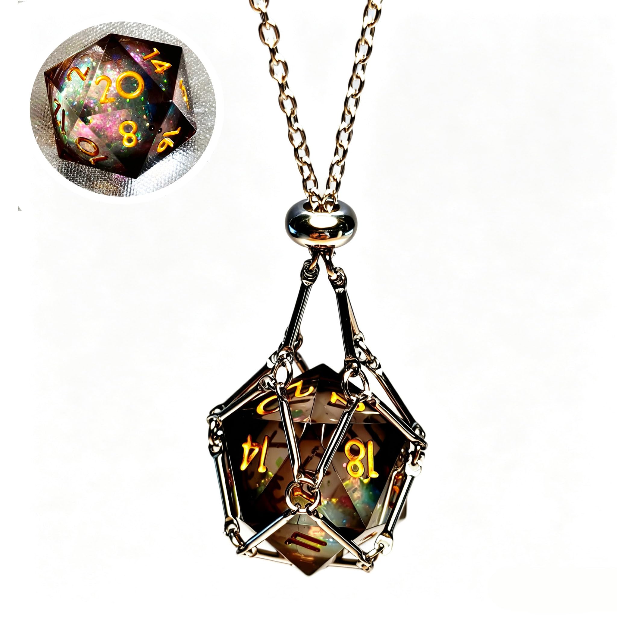 DND D20 Liquid Core Dice Necklace - Interchangeable Stainless Steel Cage for d&d Dice，Dice Pendant DND Gift for Dungeon Master, D&D Player and RPG Gamer (Black)