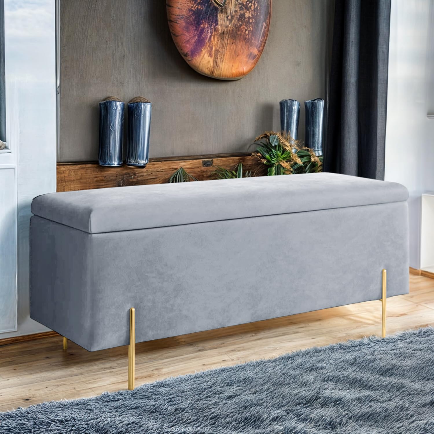 Harveys Plain Luxurious Velvet Ottoman Storage Bench, With Legs, Silver
