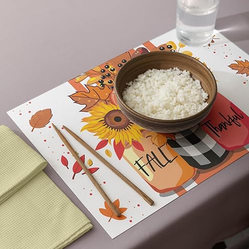 Miniatura 7 de Juego de 4 manteles individuales con texto en inglés Hello Fall, crisantemo en frasco, cosecha de temporada, granja, Acción de Gracias, cocina,
