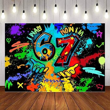 Birthday Backdrop, I was 6 Now Im 7 Neon Graffiti Party Background, Teenagers Bday Banner Decorations 7x5ft