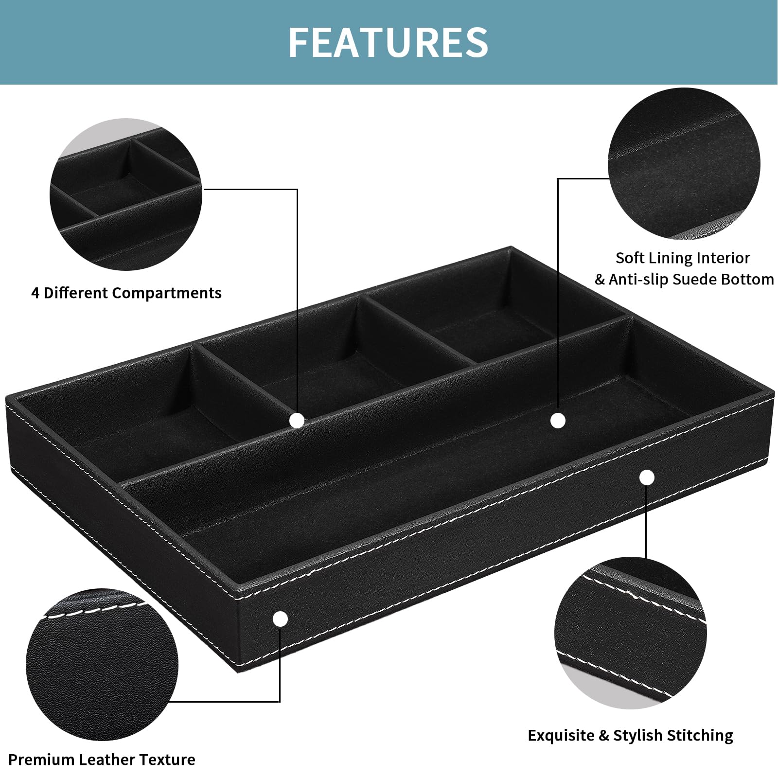 Ablage Tablett, Leder Valet Tablett Büro Schreibtisch Organizer Nachttisch Organizer, Taschenleerer Organizer Herren Accessoires für Münzen, Schreibwaren, Schmuck,Schlüssel,Uhr (Schwarz)