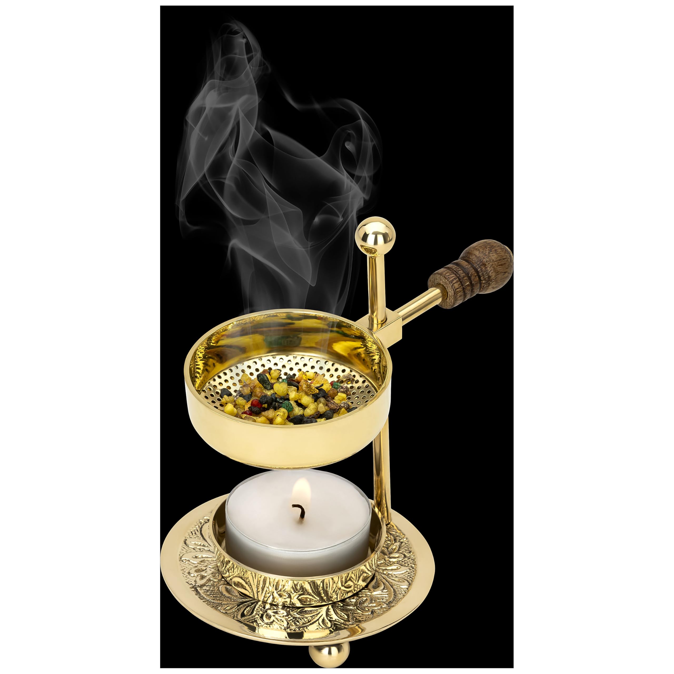 Incense Warmer with Wooden Handle and Strainer. Made of Brass Gold