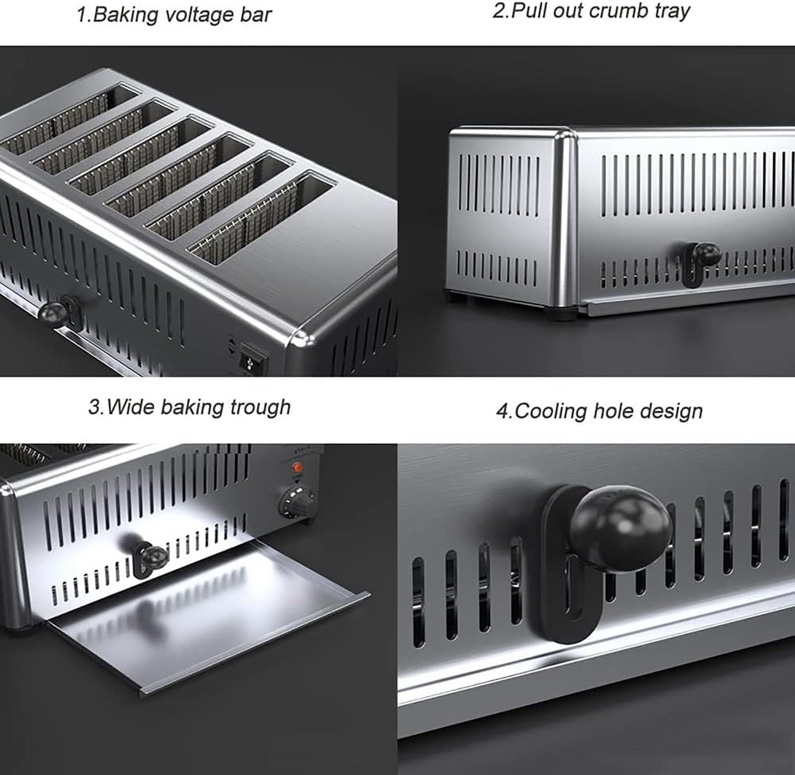 Toster komercyjny ze stali nierdzewnej, 1800 W/2500 W, z bardzo szerokimi szczelinami na chleb, toster do bułek hamburgerowych ze zdejmowaną szufladą na okruchy, do różnych rodzajów chleba