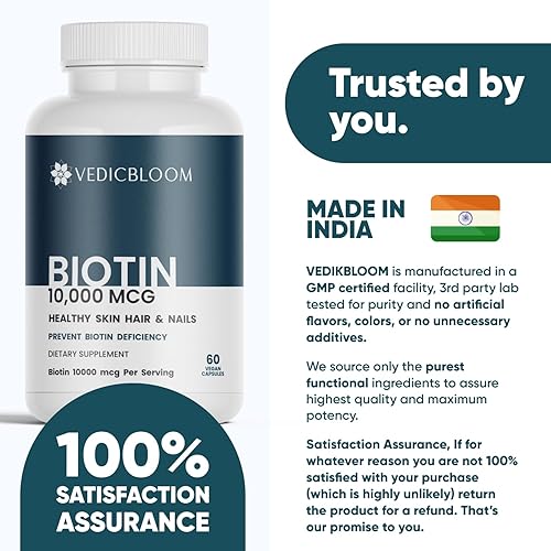 Miniatura 7 de Cápsulas de biotina 10,000 mcg  Cápsulas veganas de alta potencia para un cabello, piel y uñas saludables  Sin gluten, sin OMG, 60 cápsulas