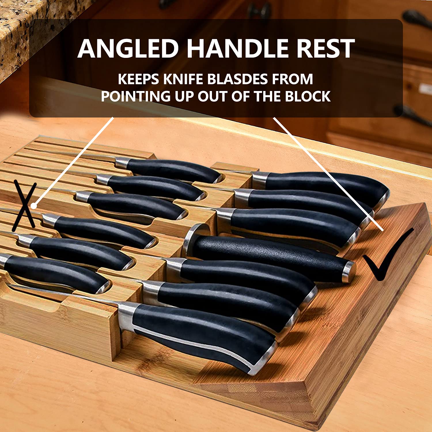 InDrawer Bamboo Knife Block Holds 12 Knives (Not Included) Without