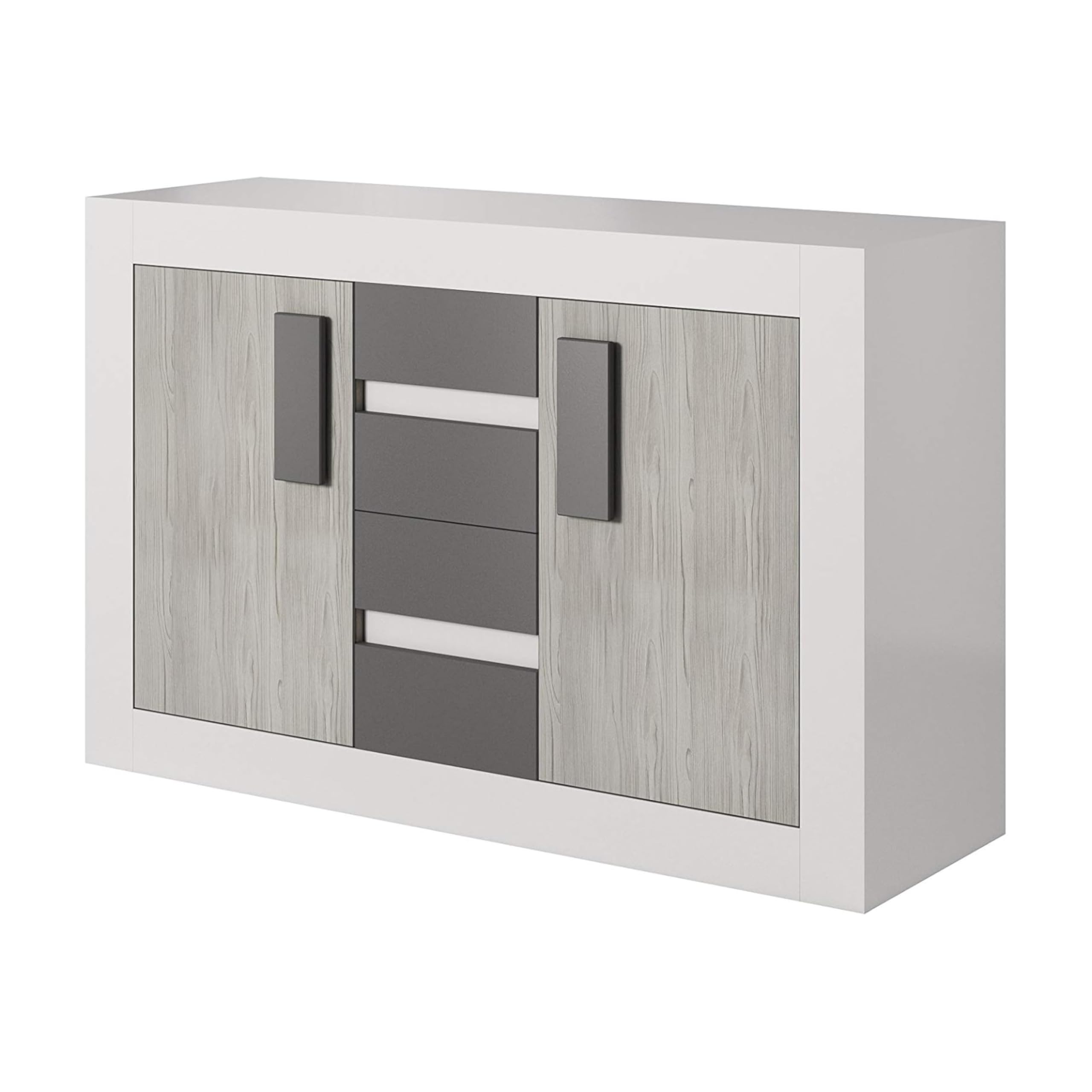 Hellios III - Chambre à Coucher Adulte Complète Avec lit 160x200 Avec Matelas, 2 Tables De Chevet, Commode, Armoire Avec Portes Coulissantes L:231 x H:210 x P:57 cm, Superb - Blanc/Kathult+Gris