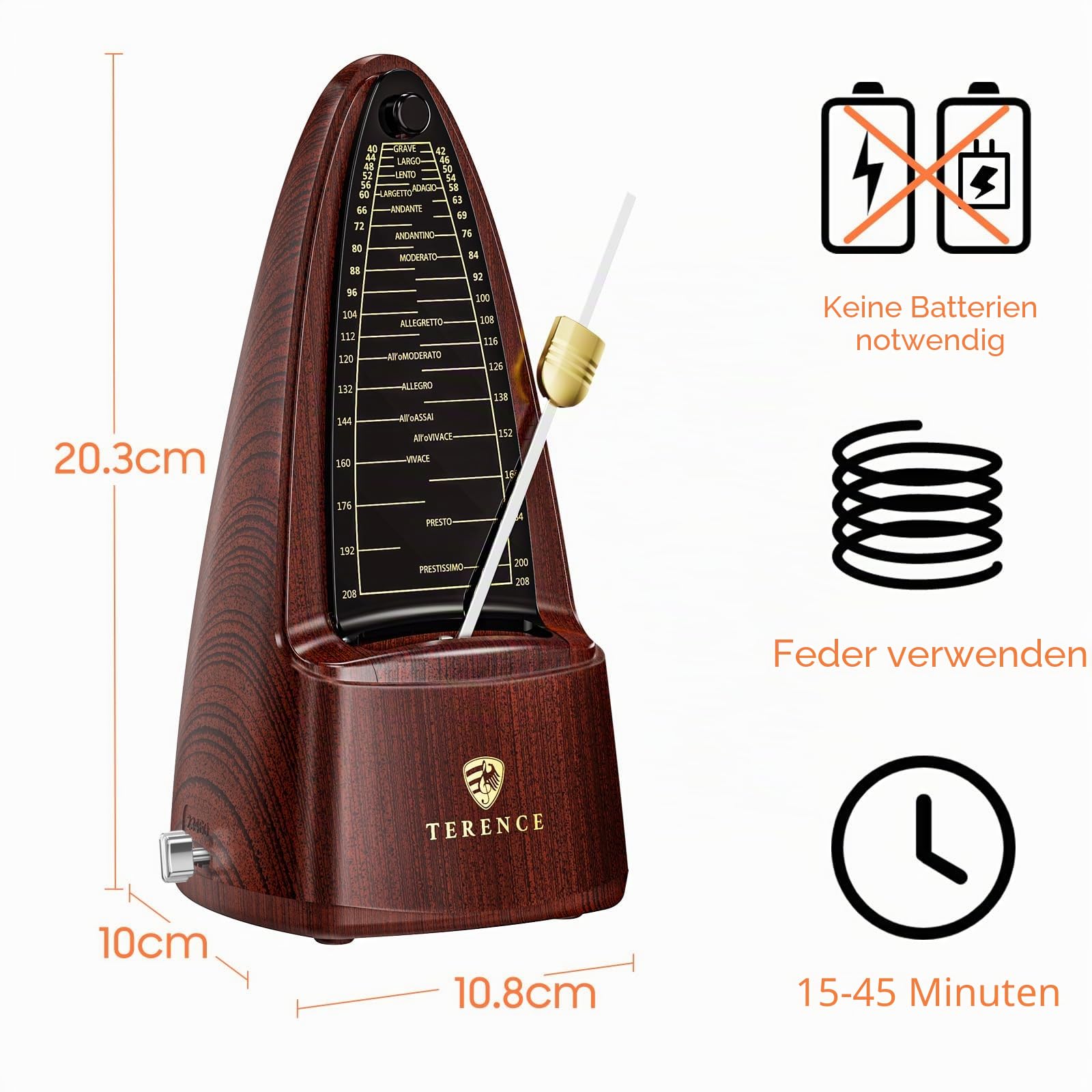 TERENCE Mechanisches Metronom für Klavier Gitarre Bass Violine mit hoher Präzision Traditionelle Pyramide Holzfarbe