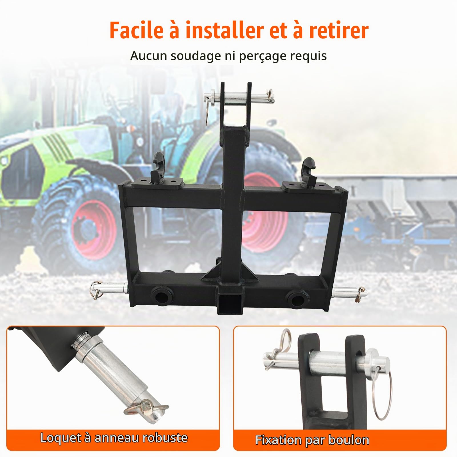 Garvee Attelage remorque 3 Points Robuste pour Tracteur – récepteur 2" en Acier Carbone – 2 Trous pour Pique à Foin – 2 Crochets – Cat 0 & 1 – Accessoire agricole – Noir