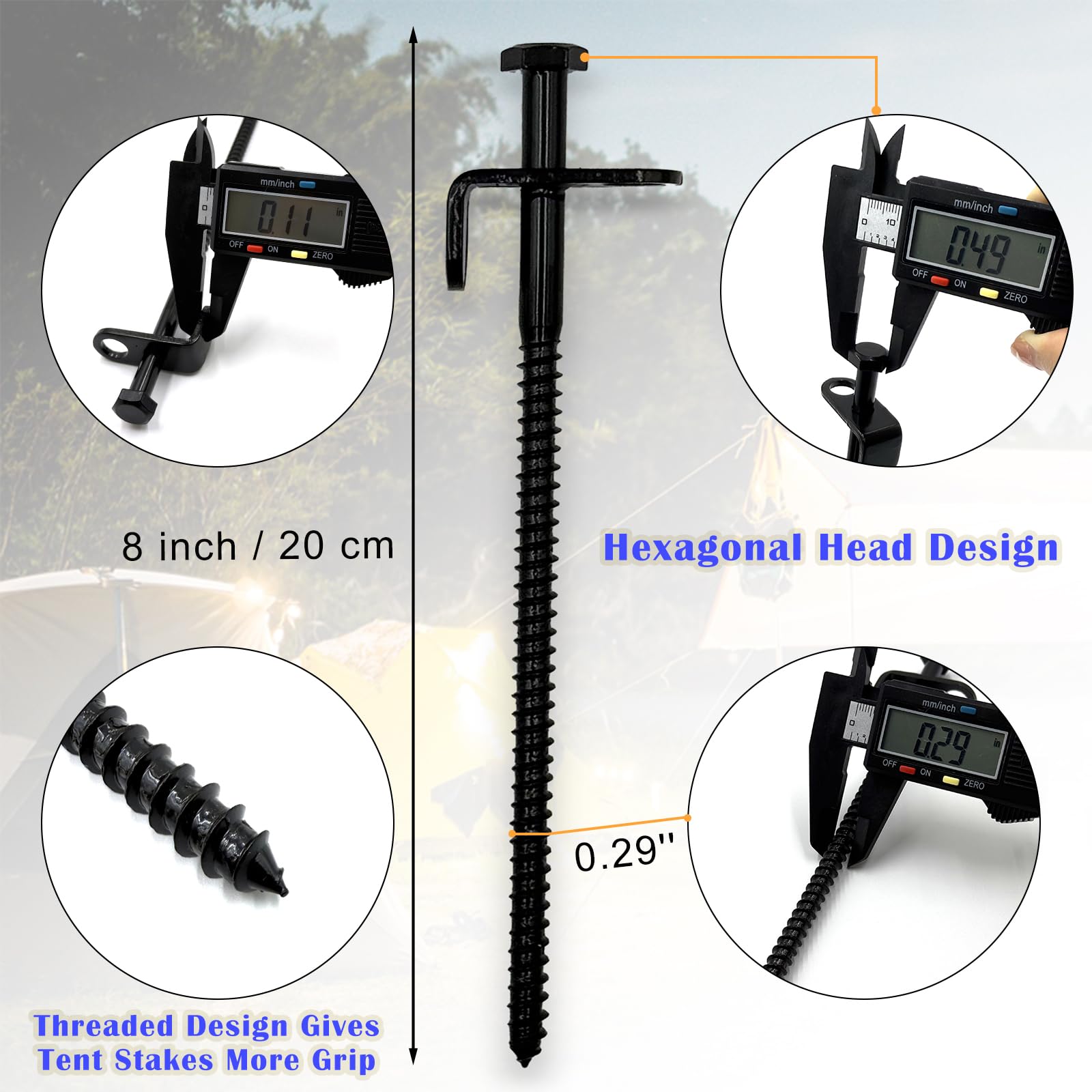 Cheardia 20 Pack 8 Inch Tent Stakes, Heavy Duty Canopy Anchors with Metal Top and Spiral Body, Black Non-Rust Camping Stakes for Rocky Place Deserts Snowfield Grassland Inflatables