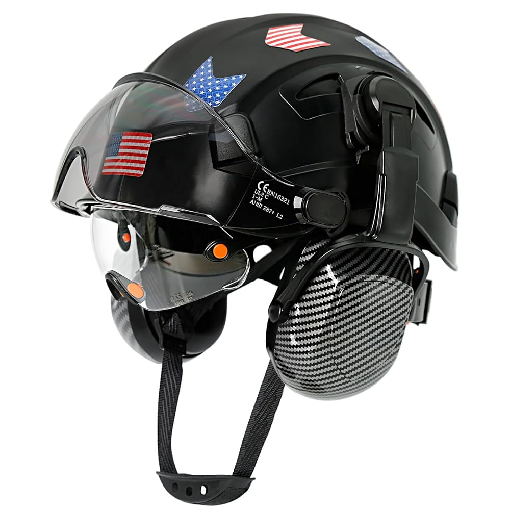 Black Hard Hat with Ear Muffs-Hard Hats with Safety Visor