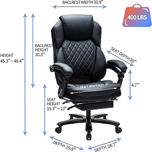 Miniatura 3 de Sillas de escritorio grandes y altas de oficina en casa para personas pesadas de 400 libras, silla reclinable ergonómica con reposapiés asiento