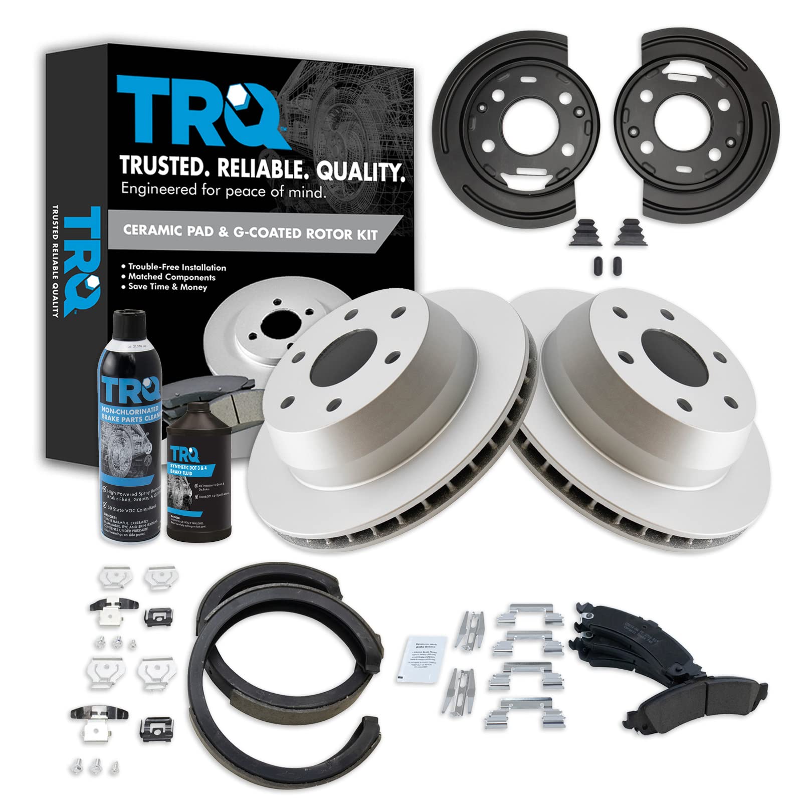 TRQ Rear Ceramic Pad Coated Rotor Parking Shoe &amp; Backing Plates w/Fluids Compatible with GM