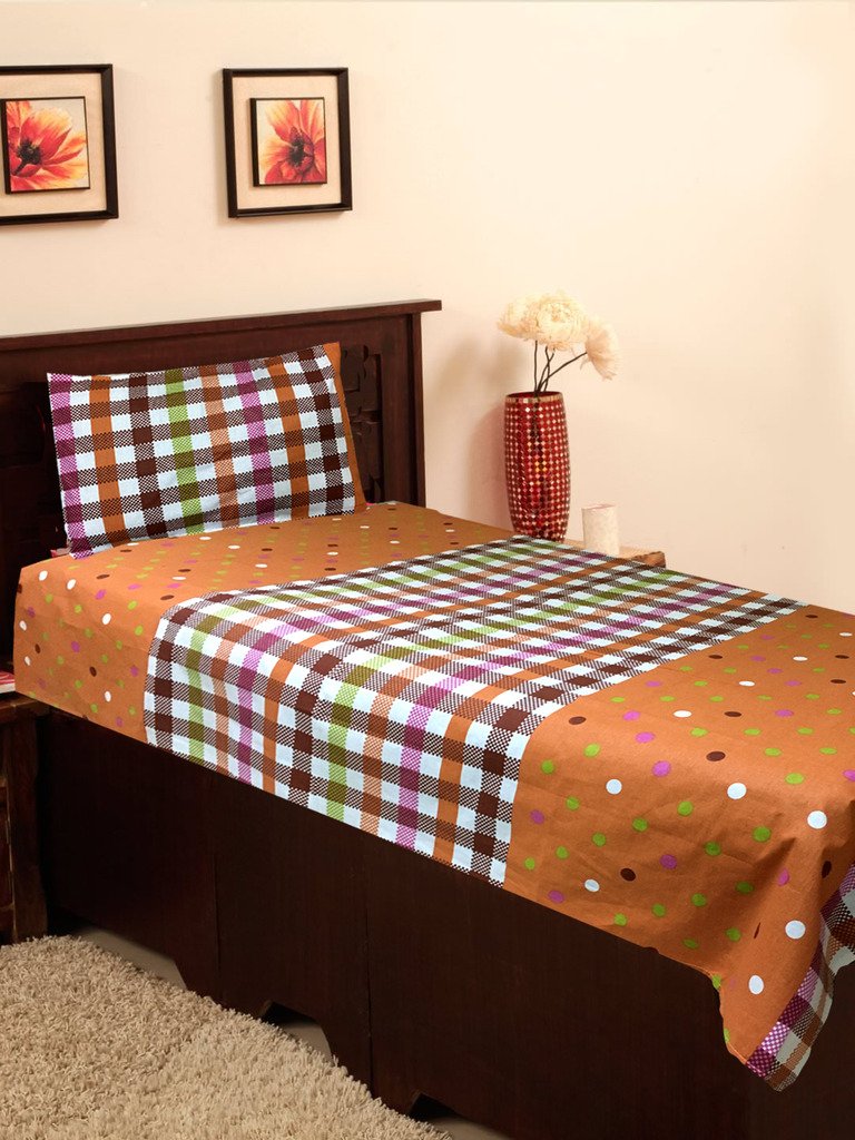 Homefab India140 TC Cotton Single Bedsheet with 1 Pillow Cover - Polka Dot, Beige