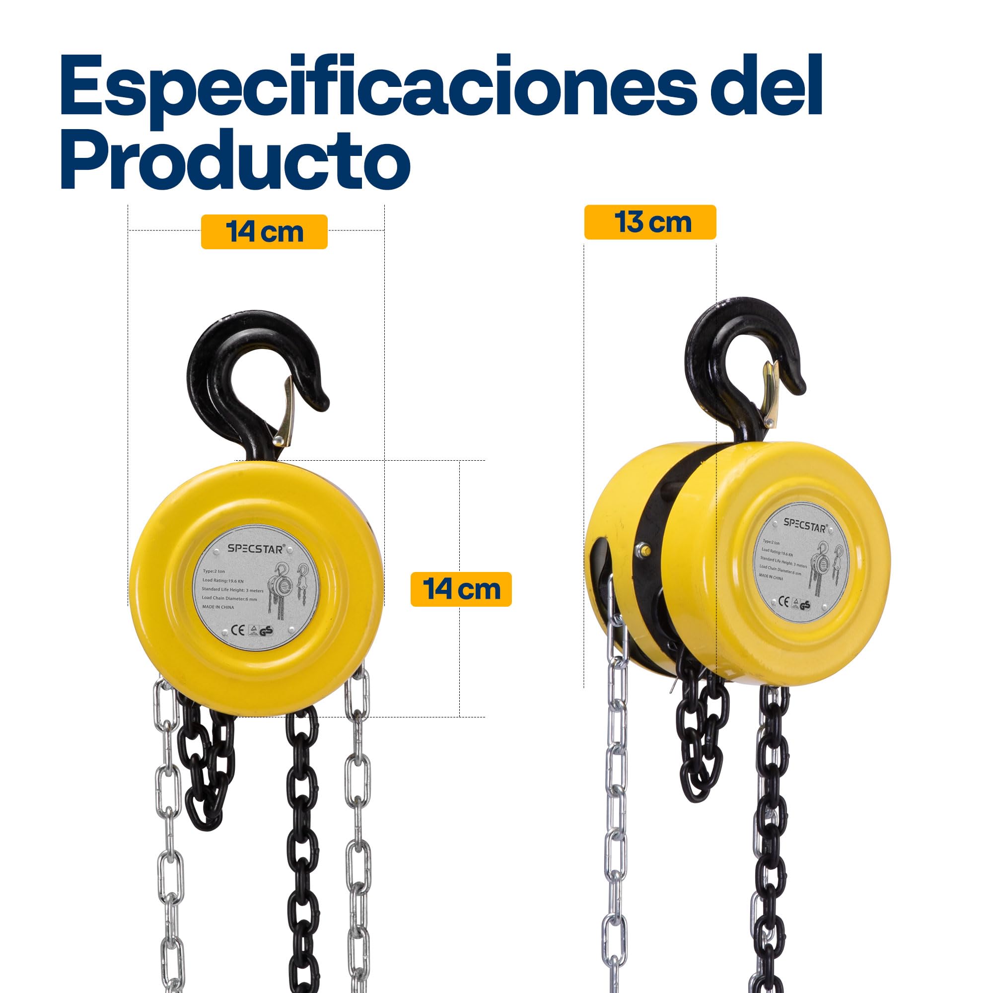 SPECSTAR Polipasto de Cadena Manual de 2000kg y Elevación de Carga 3m con 2 Ganchos Resistentes Polipasto de Cadena Manual para Almacén Construcción Maquinaria Automotriz Amarillo