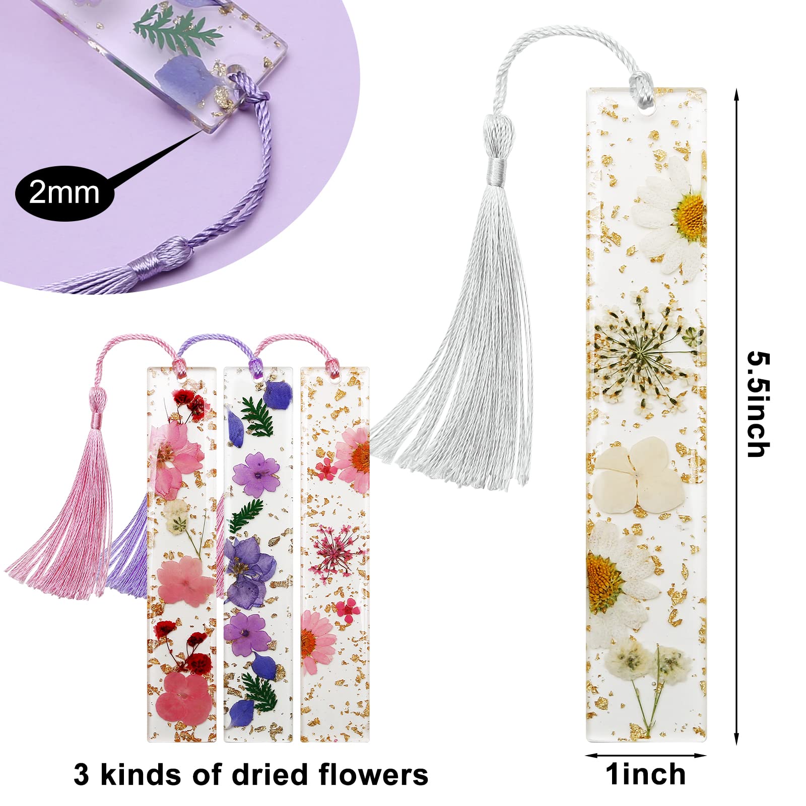 Lot De 4 Marque-Pages En Résine Avec Fleurs Séchées - Signets Naturels Avec Gland, Cadeau Pour Lecteurs