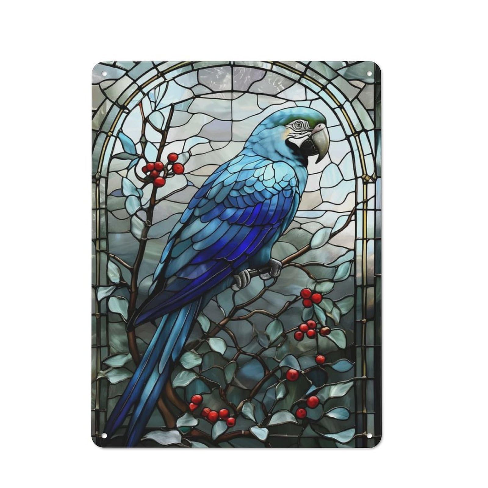 Loft Style Stained Glass Parrot Decorative Metal Plaque 40x30cm, Studio Wall Art for Workspace, Cafe, Hallway Or Garage