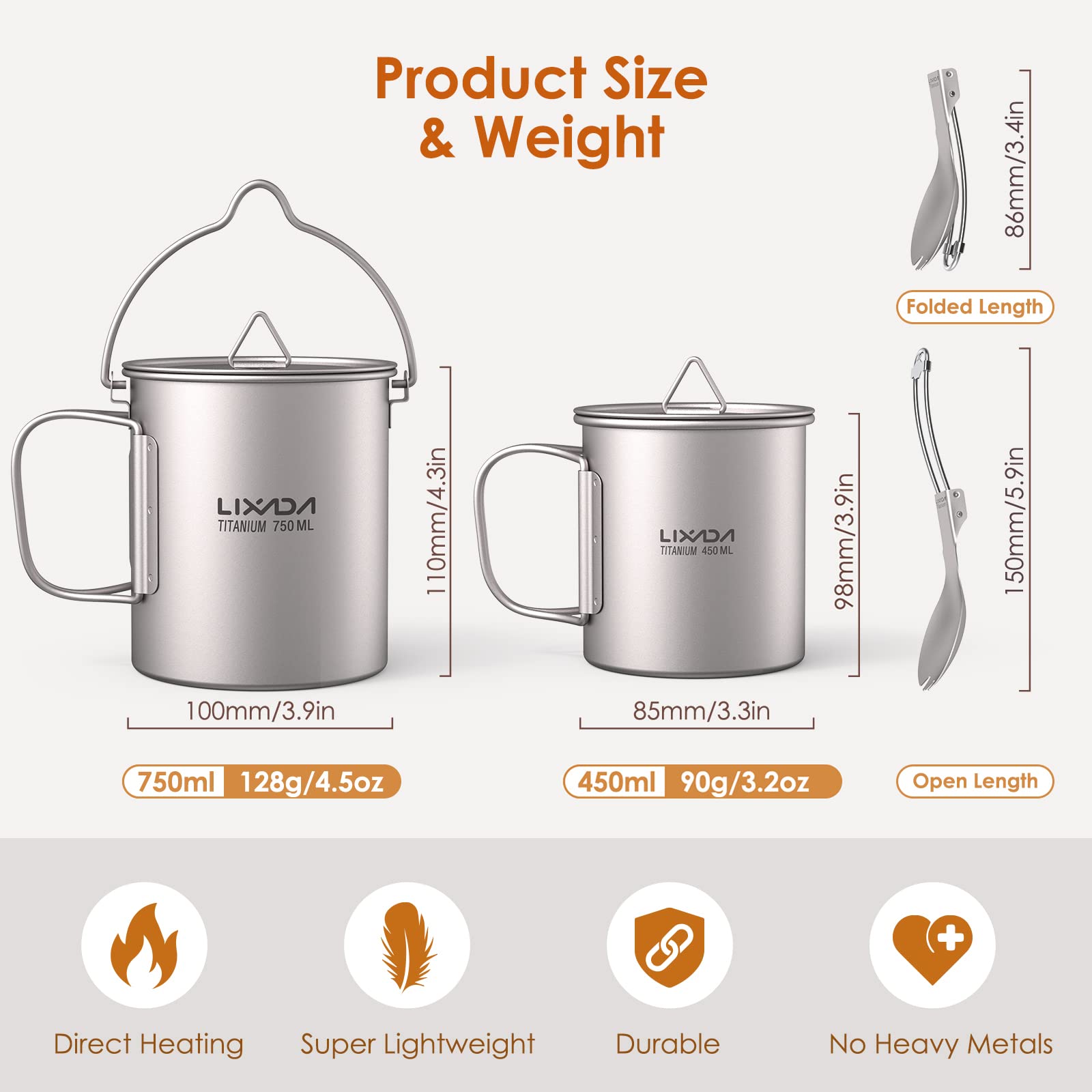 Lixada Titanium Pot Water Cup 3 Piece Set 750ml Pot and 450ml Water Cup Mug with Lid Collapsible Handle Folding Spork - Image 2