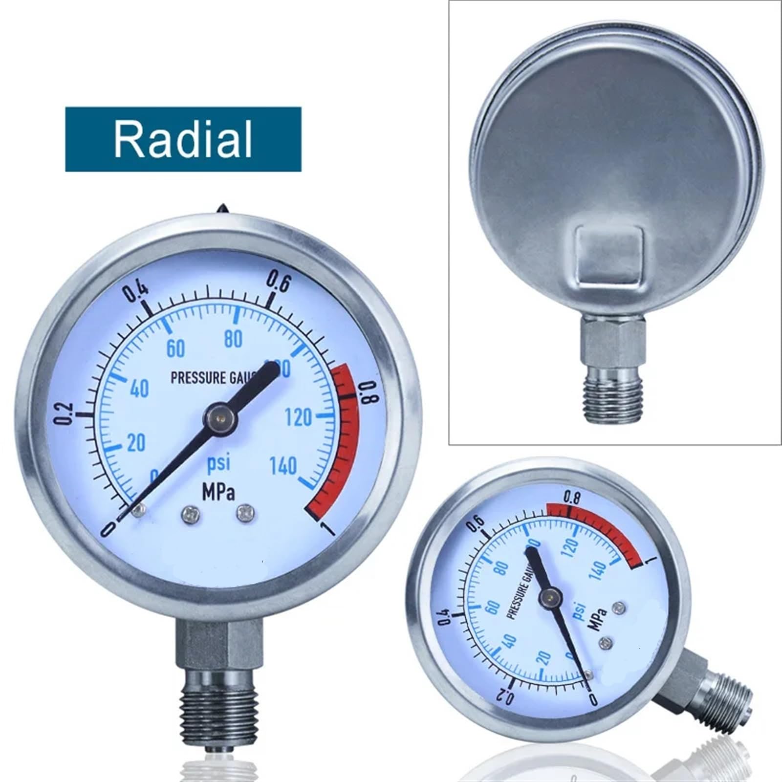 Manómetro hidráulico de Acero Inoxidable de 100 mm para Aceite de glicerina, 0-60 MPa, antivibración, para Aire y Agua, G1/4 G1/2 (Color: Media rosca-01, tamaño: 0-0,6 MPa)
