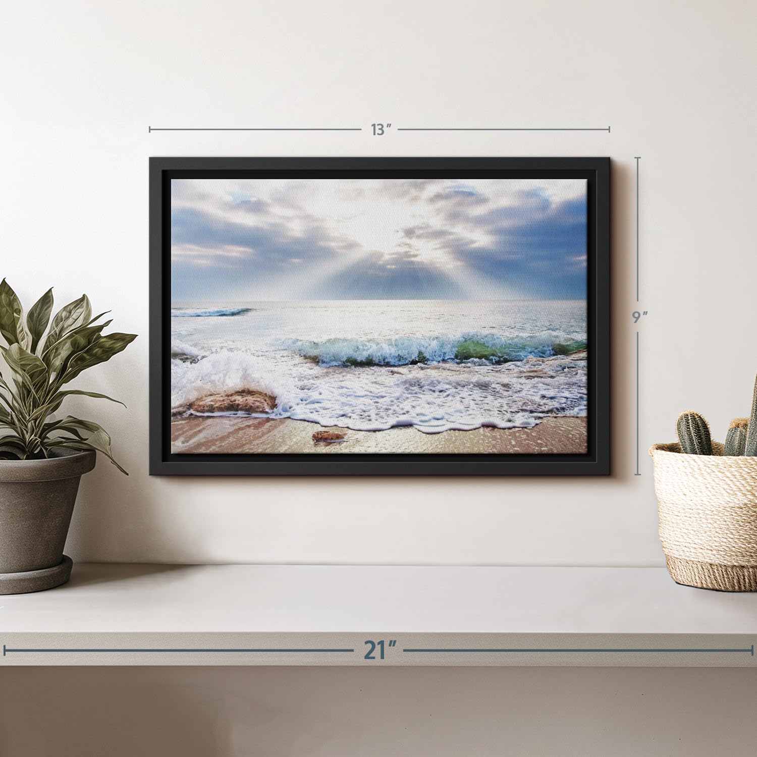 Elephant Stock Ocean At Sunrise Wall Art - Horizontal Framed Canvas - 1-Piece Living Room Wall Decor - Photography Beach Canvas Print - Beige and Blue Decor for Wall - 13