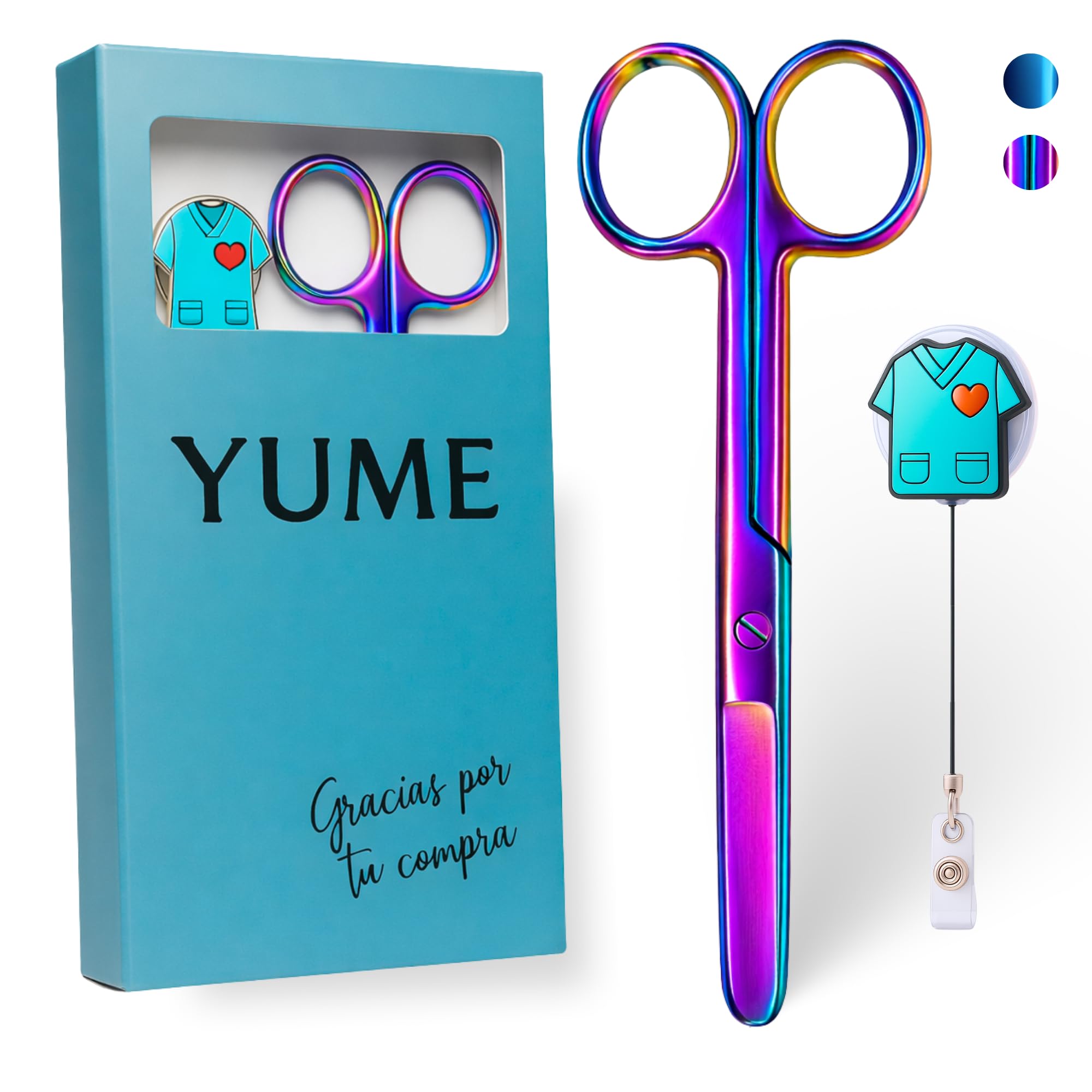 YUME Forbici da Infermiere in Acciaio Inox con Punta Arrotondata Professionali + Portachiavi Retrattile in Omaggio | Forbici Mayo | Regalo Perfetto per Infermieri | Accessori OSS/TCAE (IRIDISCENTE)