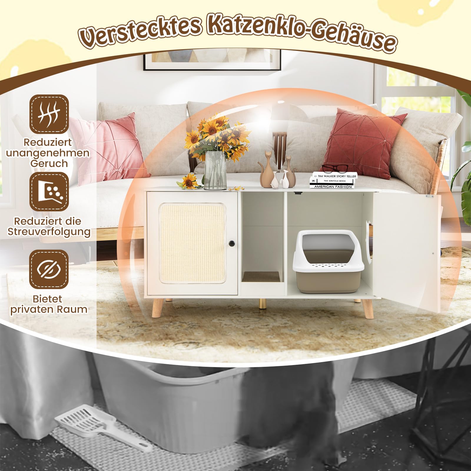 GYMAX Katzenklo Schrank 50 x 108 x 70 cm, Katzenschrank für katzentoilette mit Doppeltür, 2 Seiteneingänge & Sisal Kratzmatten, stabile Katzenhaus mit Katzenkratzbrett (Weiß)