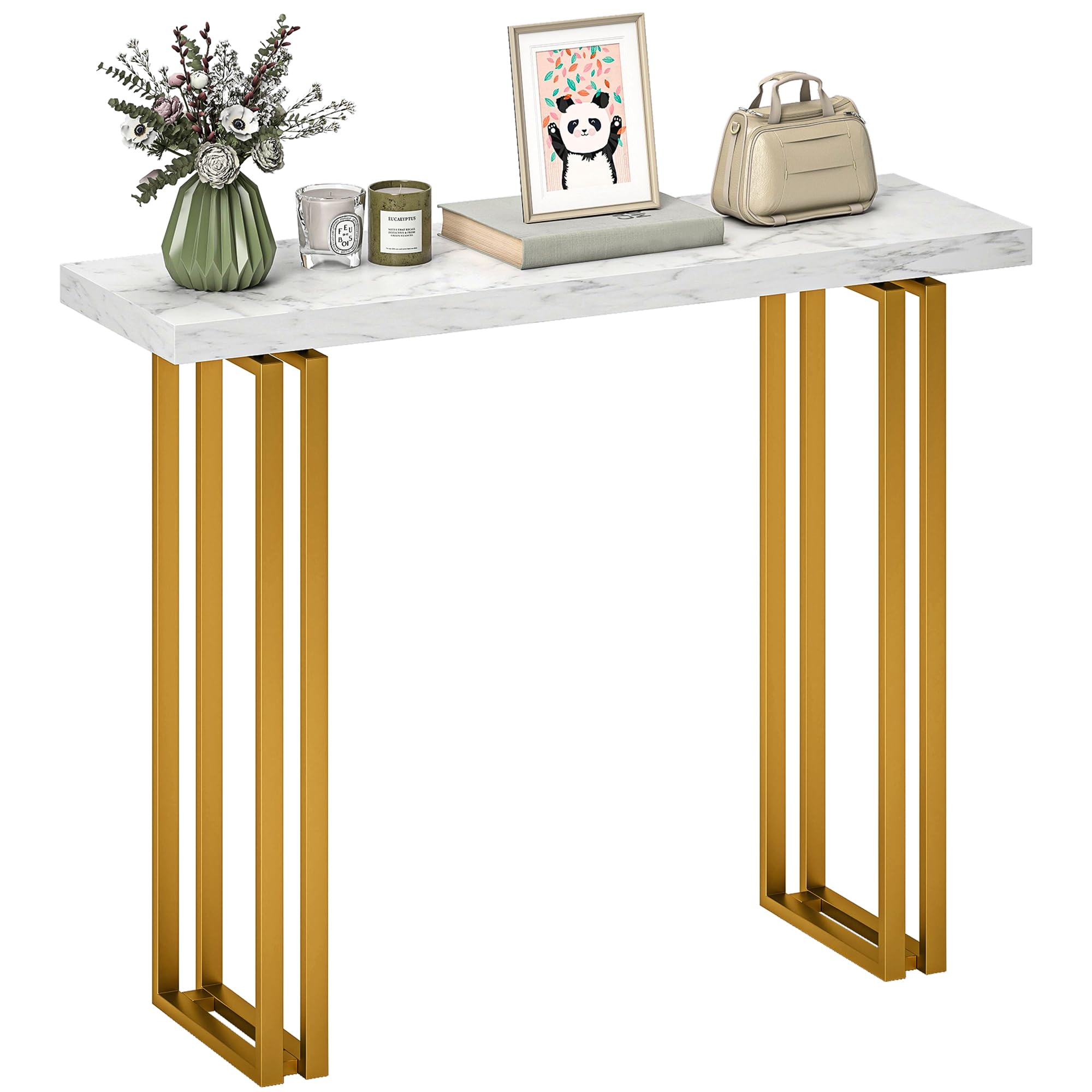 HOMCOM 100cm Tavolo console finto marmo anti-ribaltamento Bianco | Tavolo stretto ingresso, telaio acciaio, moderno tavolo divano lungo sottile, corridoio, soggiorno