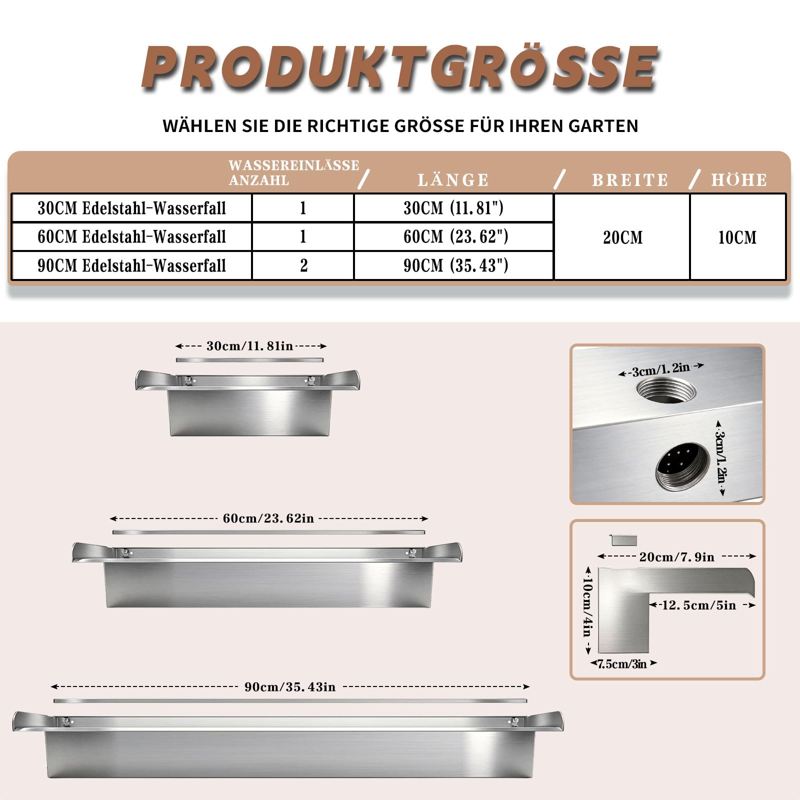 Con coperchio, troppopieno di cascata in acciaio inox, fontana per esterni, troppopieno d'acqua, cascate di stagno koi per giardino, terrazza e piscina, 60 cm