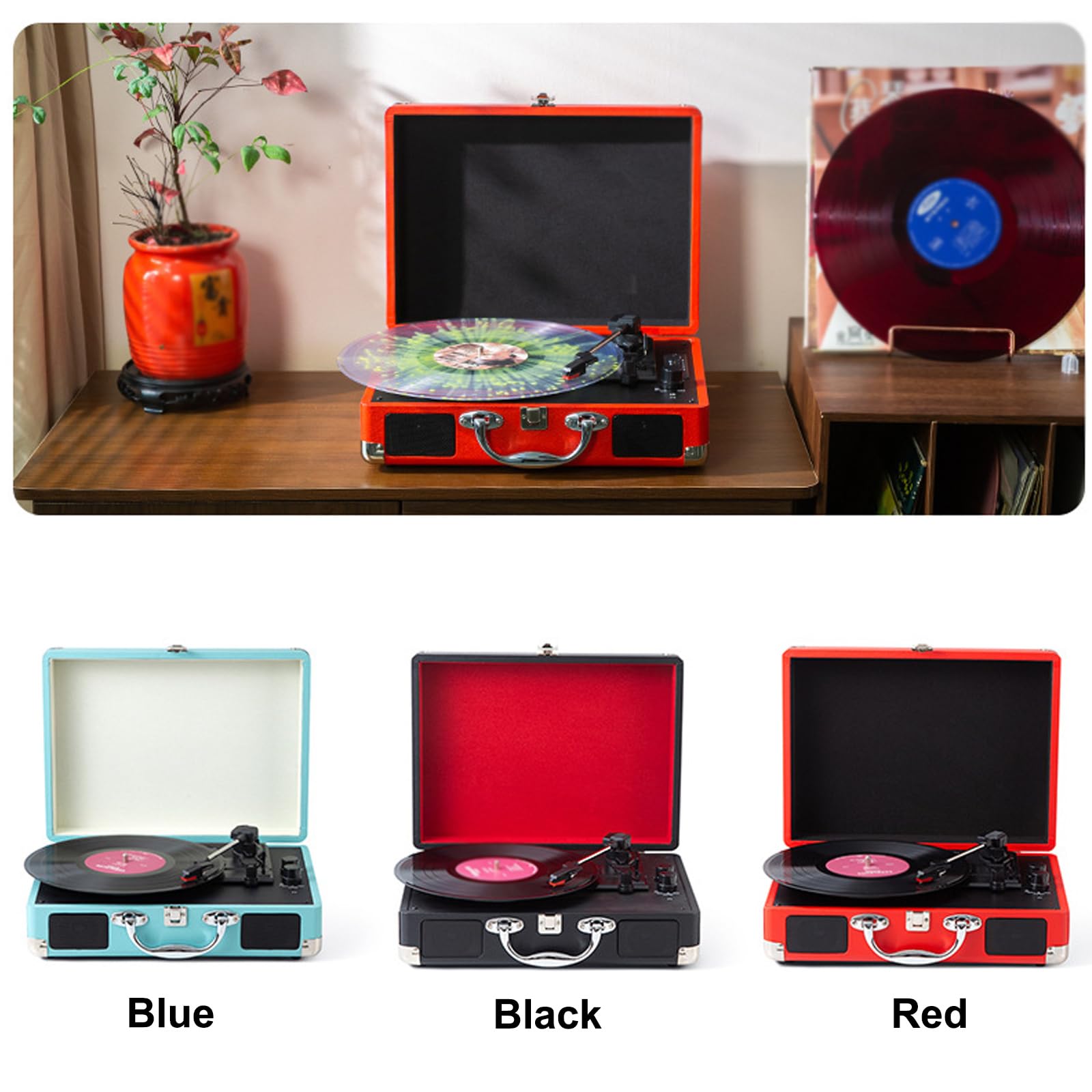 Giradischi retrò a Forma di Valigetta, fonografo Stereo a 33/45/78 Giri, Compatibile con Dischi in Vinile e pellicole, Compatto e Portatile, Supporta Dischi da 7, 10 e 12 Pollici