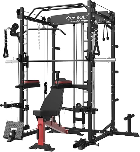 Mikolo Máquina Smith con banco de pesas, jaula de potencia multifunción y máquina cruzada de cables, máquina de entrenamiento con sistema de