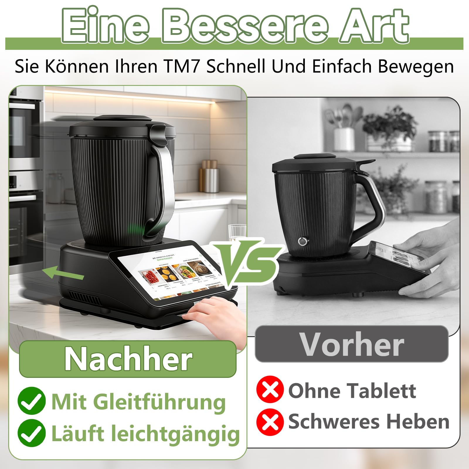 SelfTek Bambusowa deska ślizgowa do Thermomix TM7, akcesoria – drewniana deska ślizgowa kompatybilna z Thermomix TM7, rolki 360°, stalowe kulki i stabilne wycięcia, lekko przesuwająca się deska