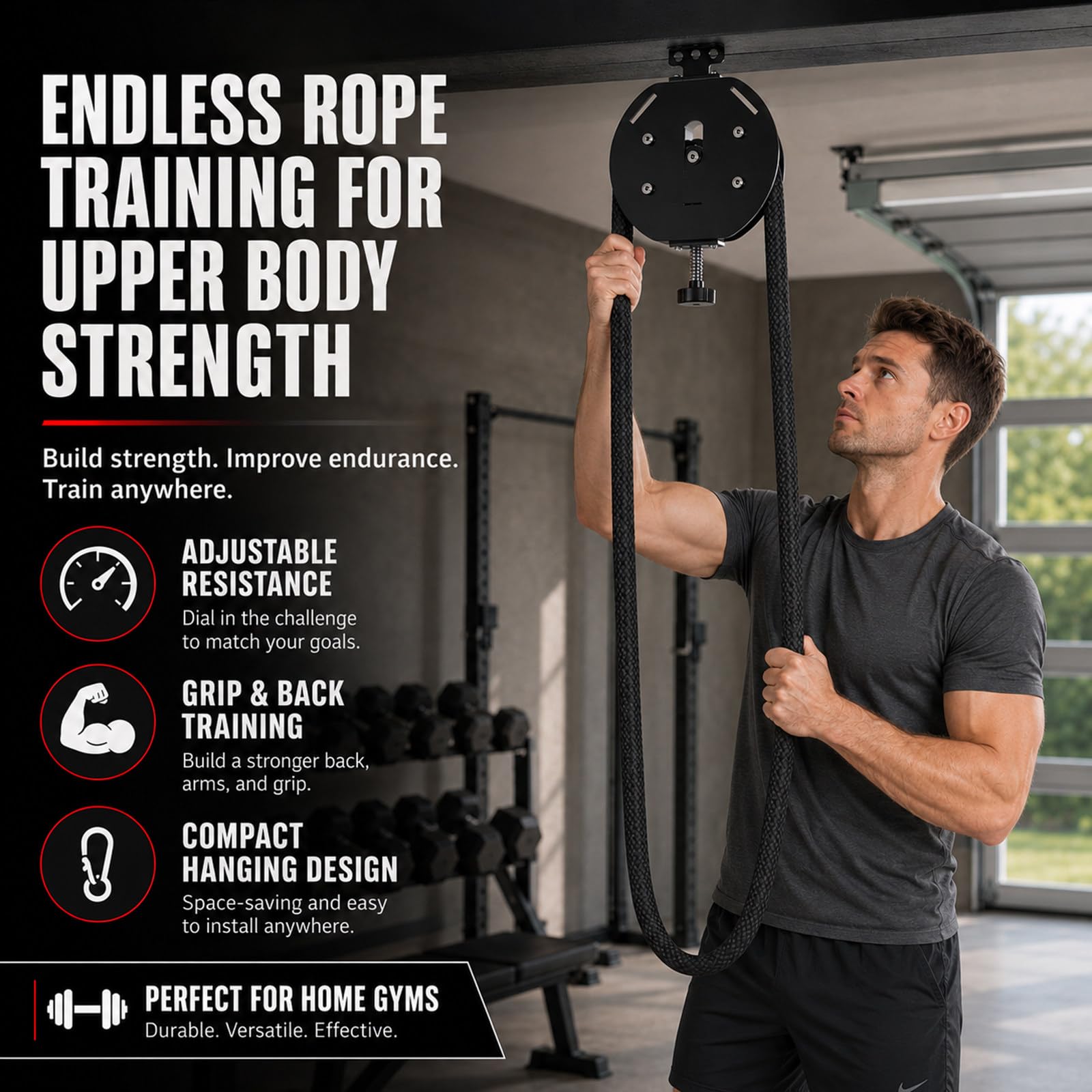Oszczędność miejsca w domu, Trenażer linowy Endless Rope Trainer z liną 4 m i oporem 3-20 kg, do home gym, pleców, ramion i grip training, do małych przestrzeni