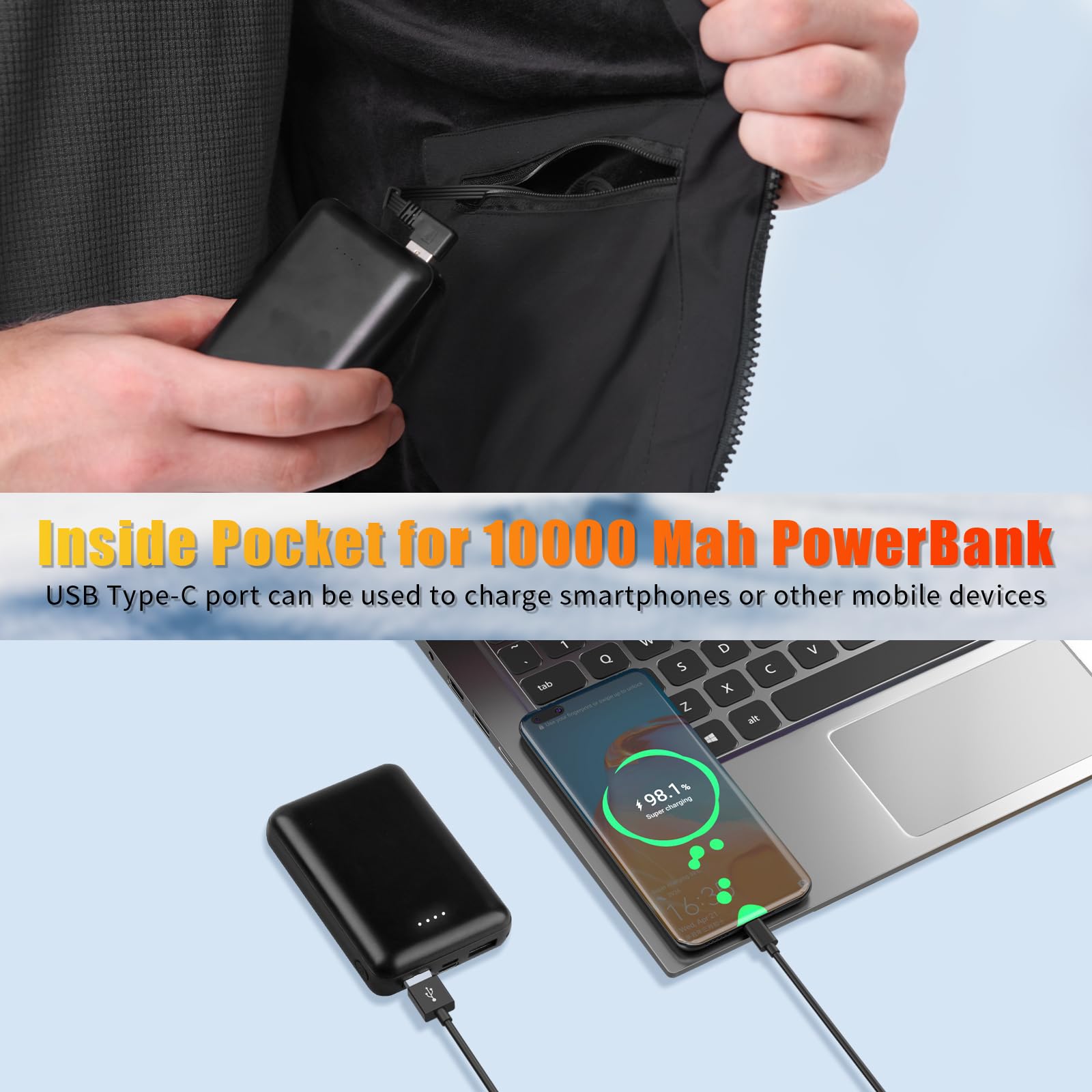 Rrtizan Chaleco con Calefacción Eléctrica USB con Batería, Chaleco Calefactable para Hombres y Mujeres, 3 Niveles de Temperatura con 9 Hojas de Calefacción, Lavable Chalecos de Invierno Cálidos-M