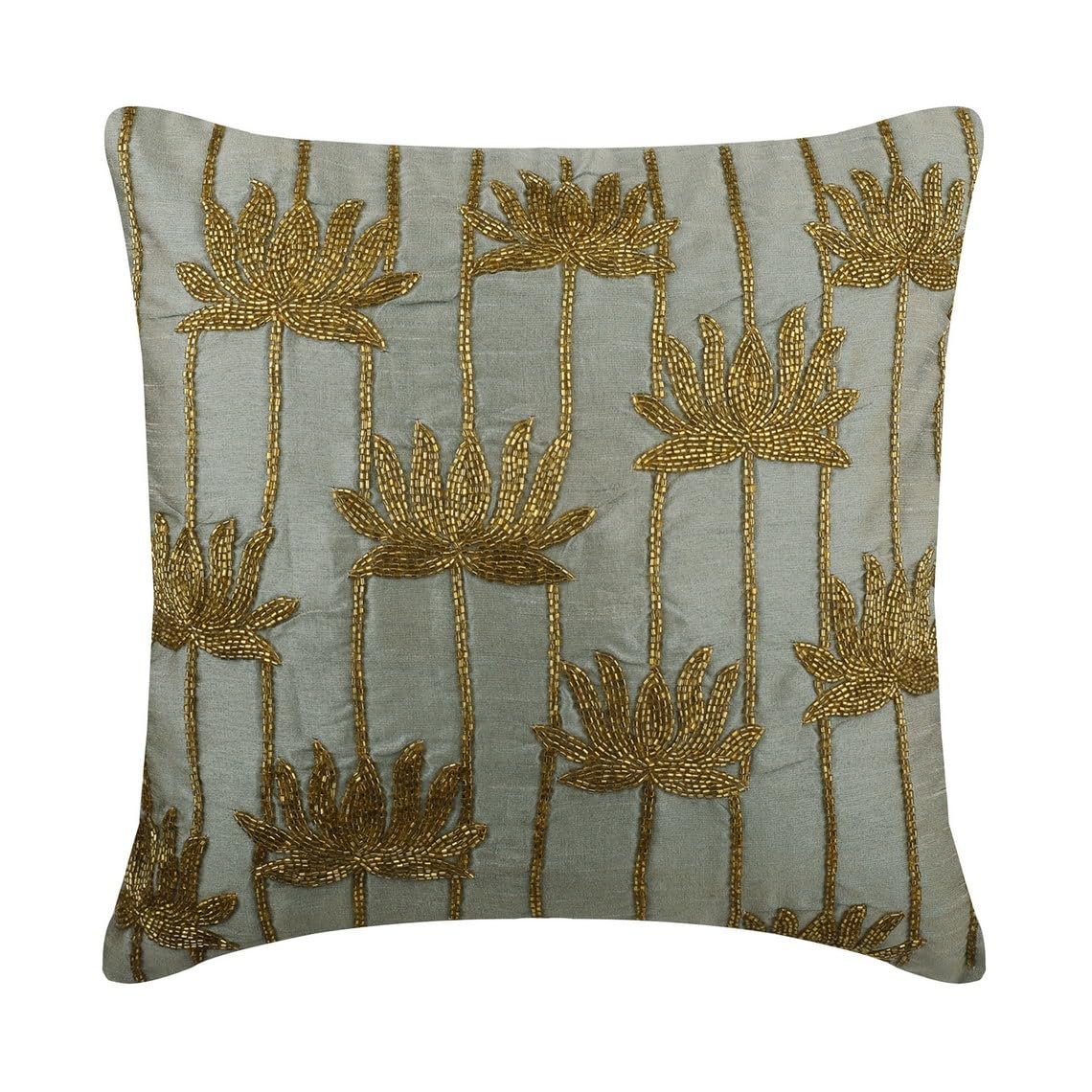 The HomeCentric Silver Pack of 2, 60x60 cm (24"x24") Accent Cushion Cases, Silk Lotus & Beaded Accent Cushion Cases, Nature & Floral Pattern Modern Style - Golden Lotus — image 1