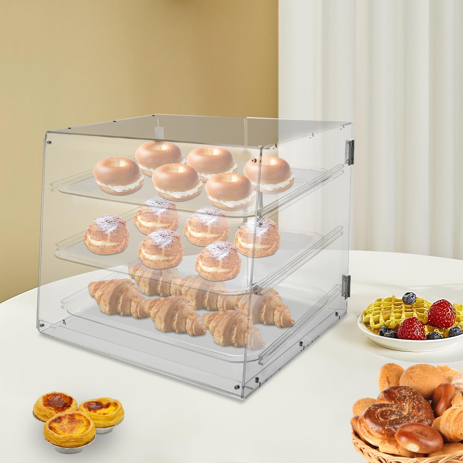 DYRABREST 3-Tier Clear Acrylic Pastry Display Cabinet Commercial Bakery Display Case for Cafés and Restaurants Showcasing Desserts, Candy, and Snacks on Countertops