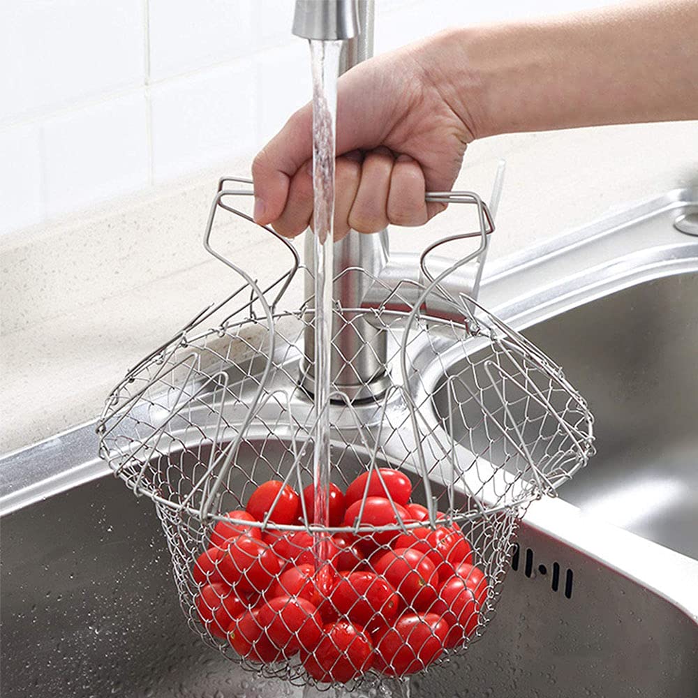 Cestino Per Friggere In Acciaio Inox A Rete Pieghevole – Diametro 24 Cm, Per Patatine, Pasta E Verdure, Manici Freschi Al Tatto
