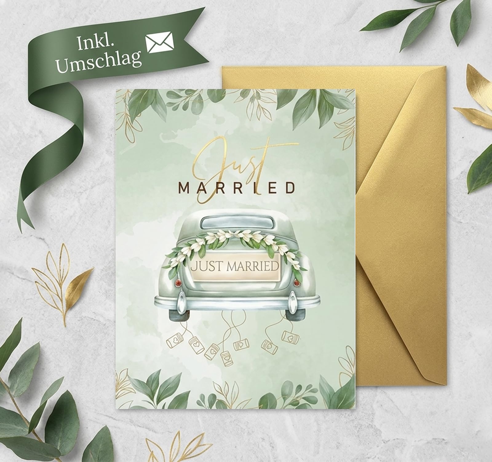 Karta ślubna typu pop-up, karta 3D z życzeniami na ślub z motywem oldtimera i kwiatów, karta "Just Married" z samochodem ślubnym dla pary młodej, karta z życzeniami na Walentynki, zaręczyny, rocznicę