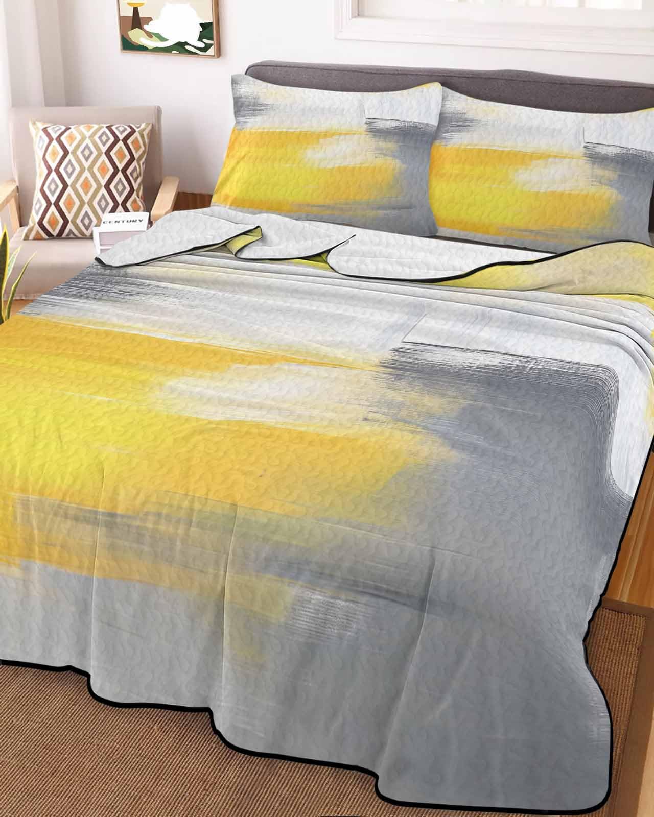 Reversible Down Alternative Comforter Quilted, Abstract Grey Yellow Oil Painting Art Duvet Insert Lightweight Soft Bedspread Throw Blankets WatercolorColor Gradient for All Seasons Bed Sofa Decor