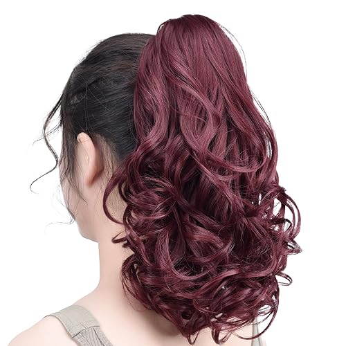 Miniatura 5 de SYXLCYGG Extensión de cola de caballo burdeos con clip de garra, cola de caballo sintética de 14 pulgadas, rizado, 4.3 onzas, piezas de pelo falso