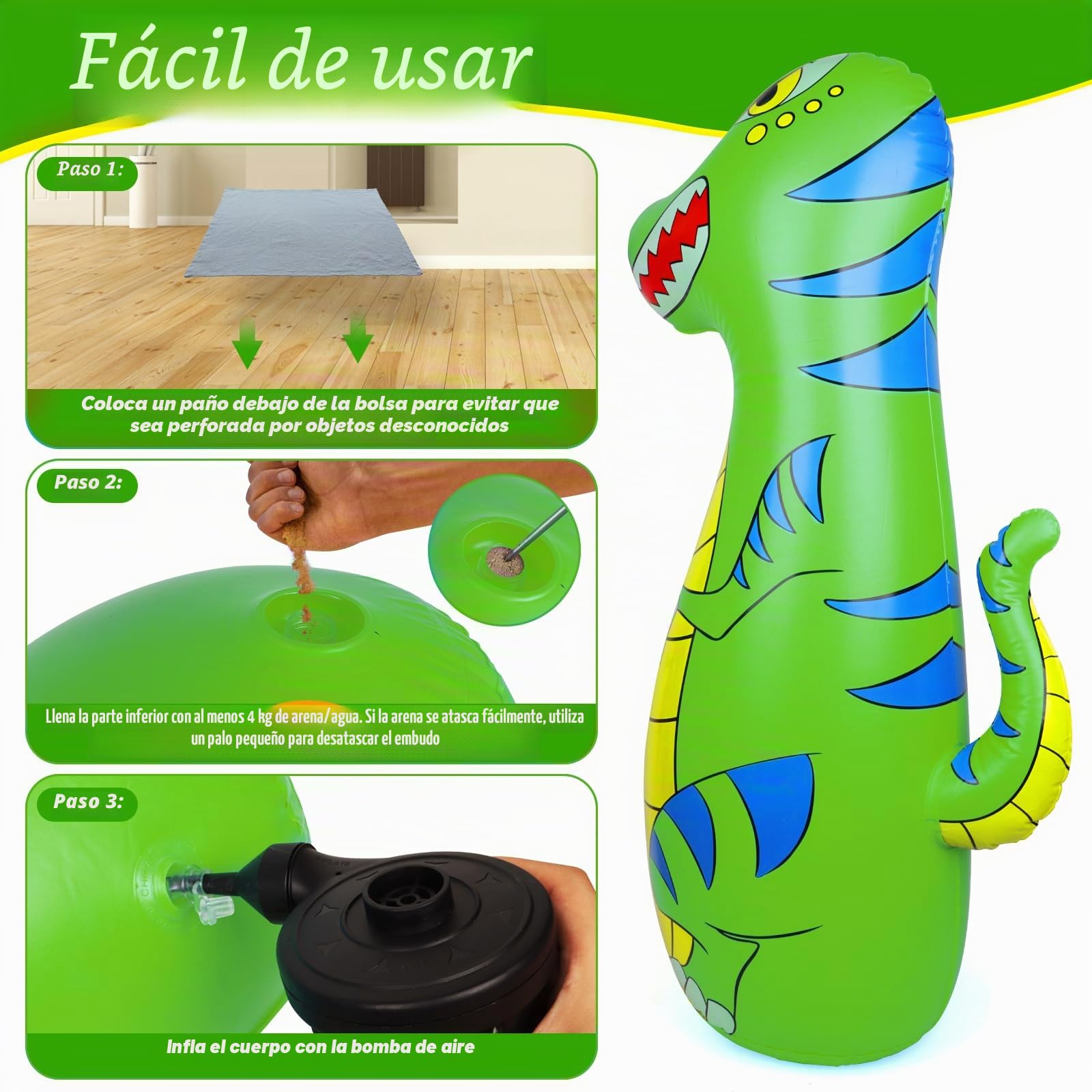 Saco de Boxeo Niños 120cm Hinchable Dinosaurio Bolsa Boxeo con Guantes Regalo 3-9 Años