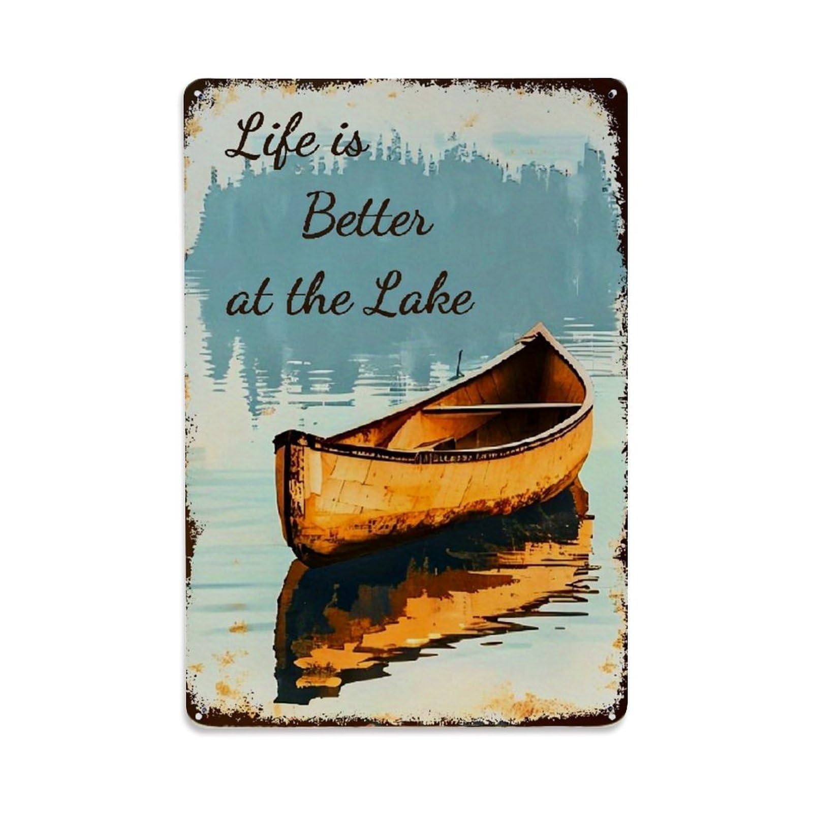 Lake Canoe Reflection Water Sky Retro Metal Tin Sign, Vintage Decor Art Poster for Bar, Home, Man Cave, Kitchen, Laundry Room Gift 8x12Inch