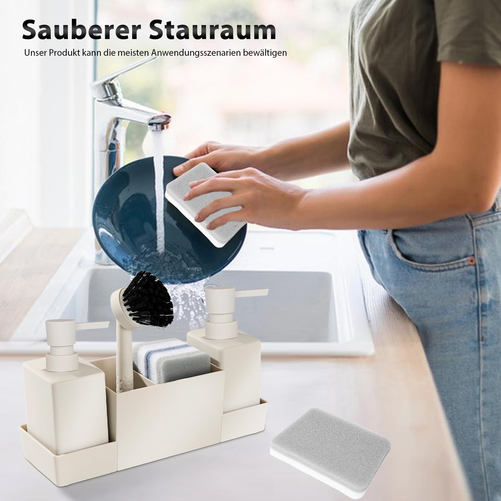 HOSPAOP Organisateur d'évier de cuisine en plastique avec distributeur de liquide vaisselle, brosse et éponge à vaisselle, distributeur de savon, brosse éponge, Beige