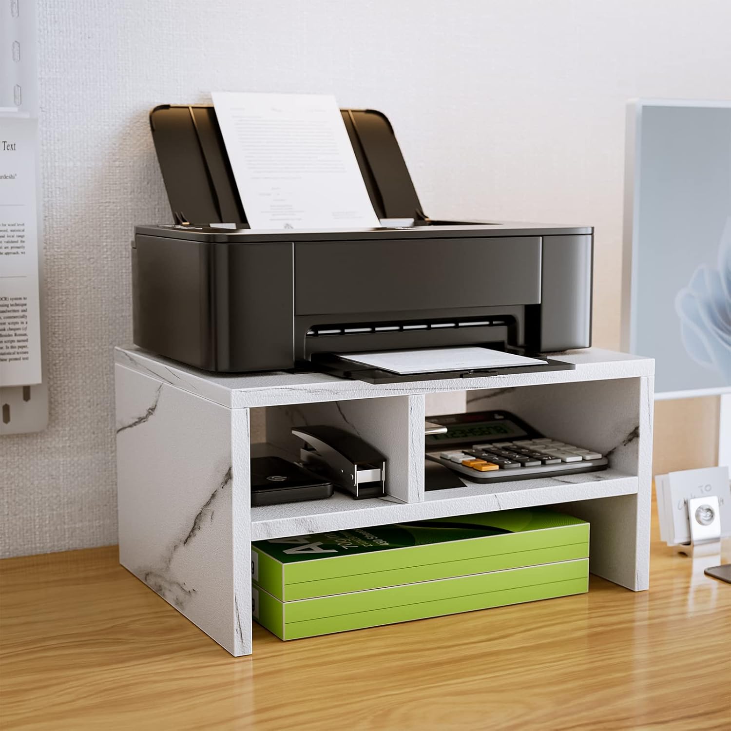 Printer Stand for Desktop, Wooden Shelf with Storage, White giftswop
