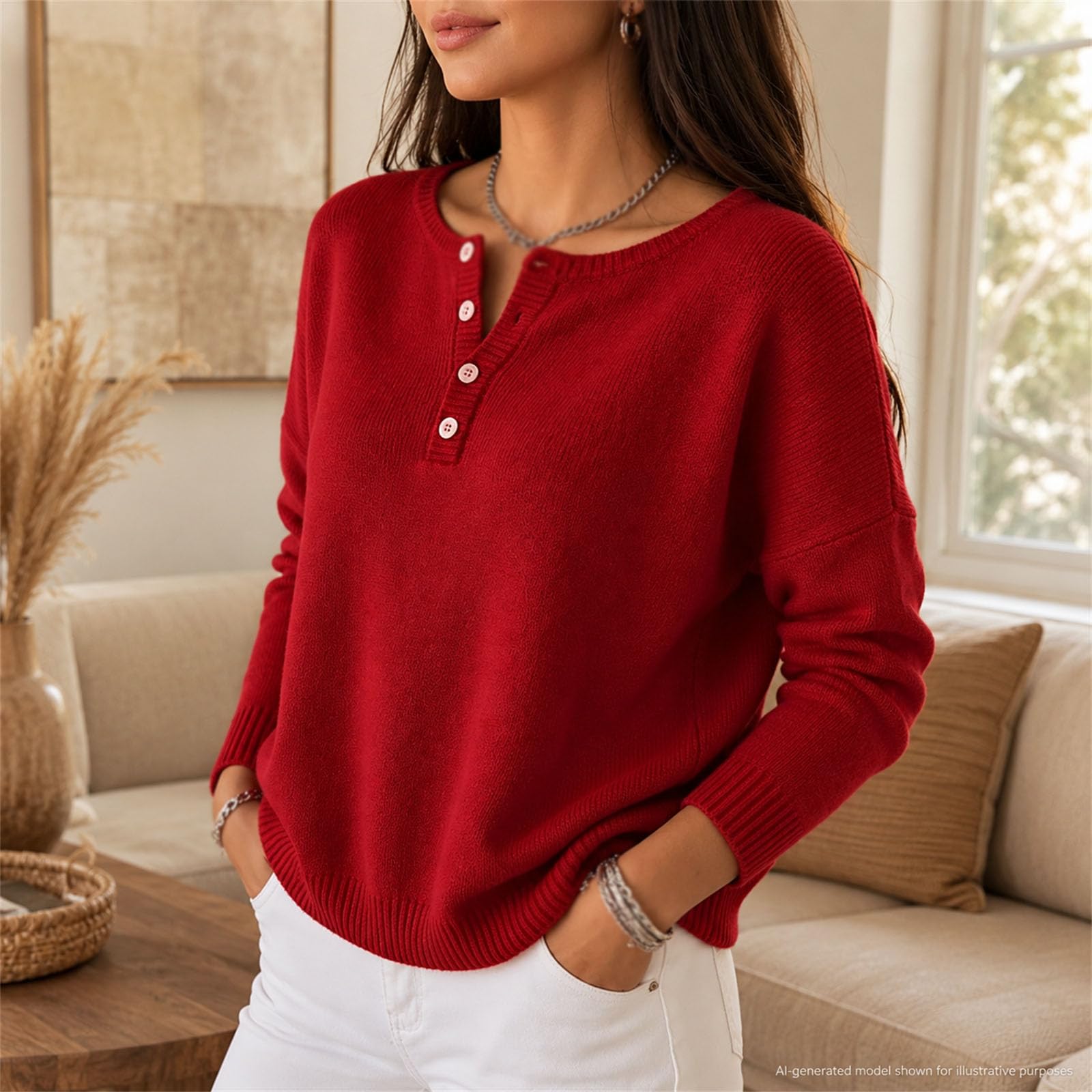 Damski sweter Henley z długim rękawem okrągły dekolt luźny krój dzianinowy | Henley zapinana na guziki długi rękaw luźny sweter z dzianiny na co dzień jesienne stroje do pracy i weekendu