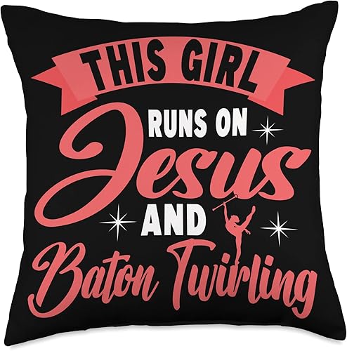 Miniatura 4 de Baton Twirler Majorettes Baton Twirling Girl Gifts This Girl Runs on Jesus and Baton Twirling Throw Pillow 16x16 Multicolor