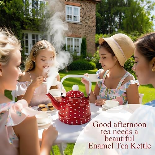 Miniatura 4 de Estufa de té esmaltada vintage de 1.8 cuartos de galón, tetera esmaltada con manchas rojas y blancas, café de agua con asa, hervidor de agua