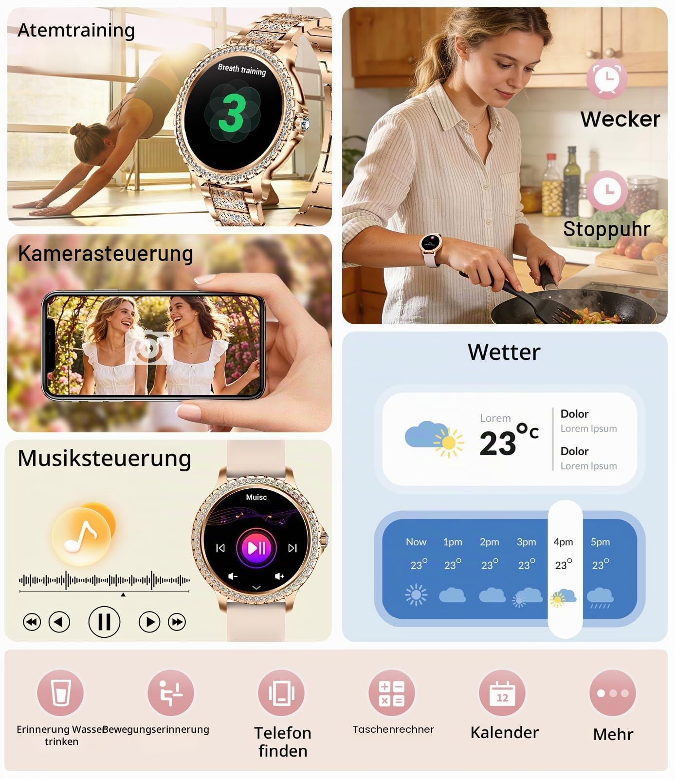 LIGE Smartwatch Damen Bluetooth Anrufe für Android iOS Smart Watch Damen 100+ Sport Activity Tracker 1,32" HD Touch Screen Herzfrequenz Schlaf Monitor Diamant Rosegold Stahl Frauen Smartwatch