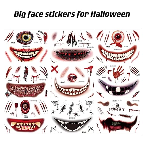Miniatura 3 de 9 hojas de calcomanías de tatuaje de Halloween, broma de Halloween, tatuaje temporal, tatuajes de Halloween, tatuajes de cara de boca grande