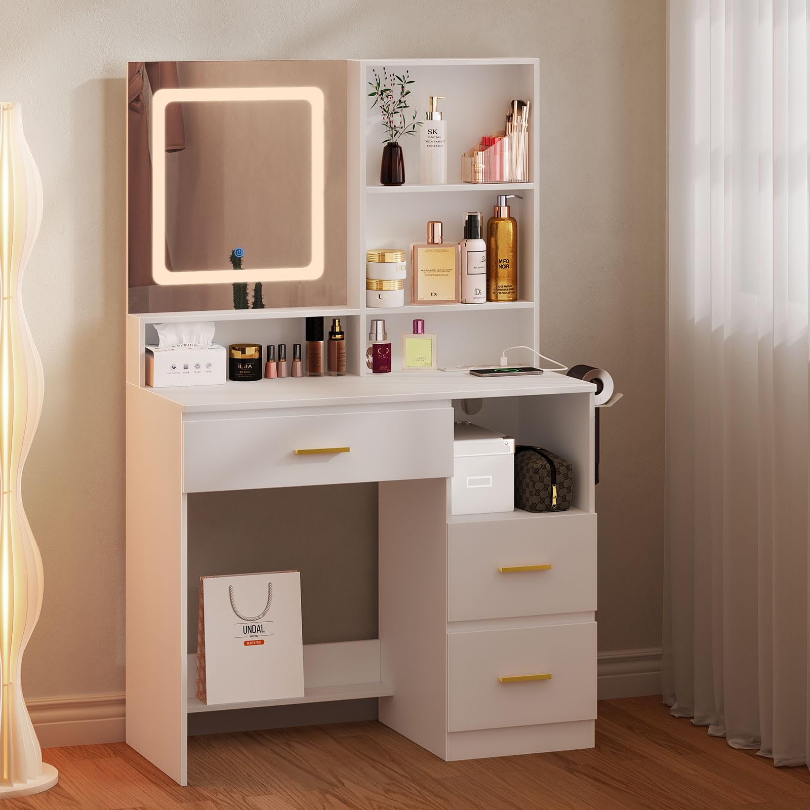 Snughome Schminktisch mit LED-Beleuchtung und Große Spiegel, Einstellbare Helligkeit, Frisiertisch mit Steckdose und Haartrockner-Halter, Mehreren Schubladen und Großem Stauraum, Moderner Stil, Weiß